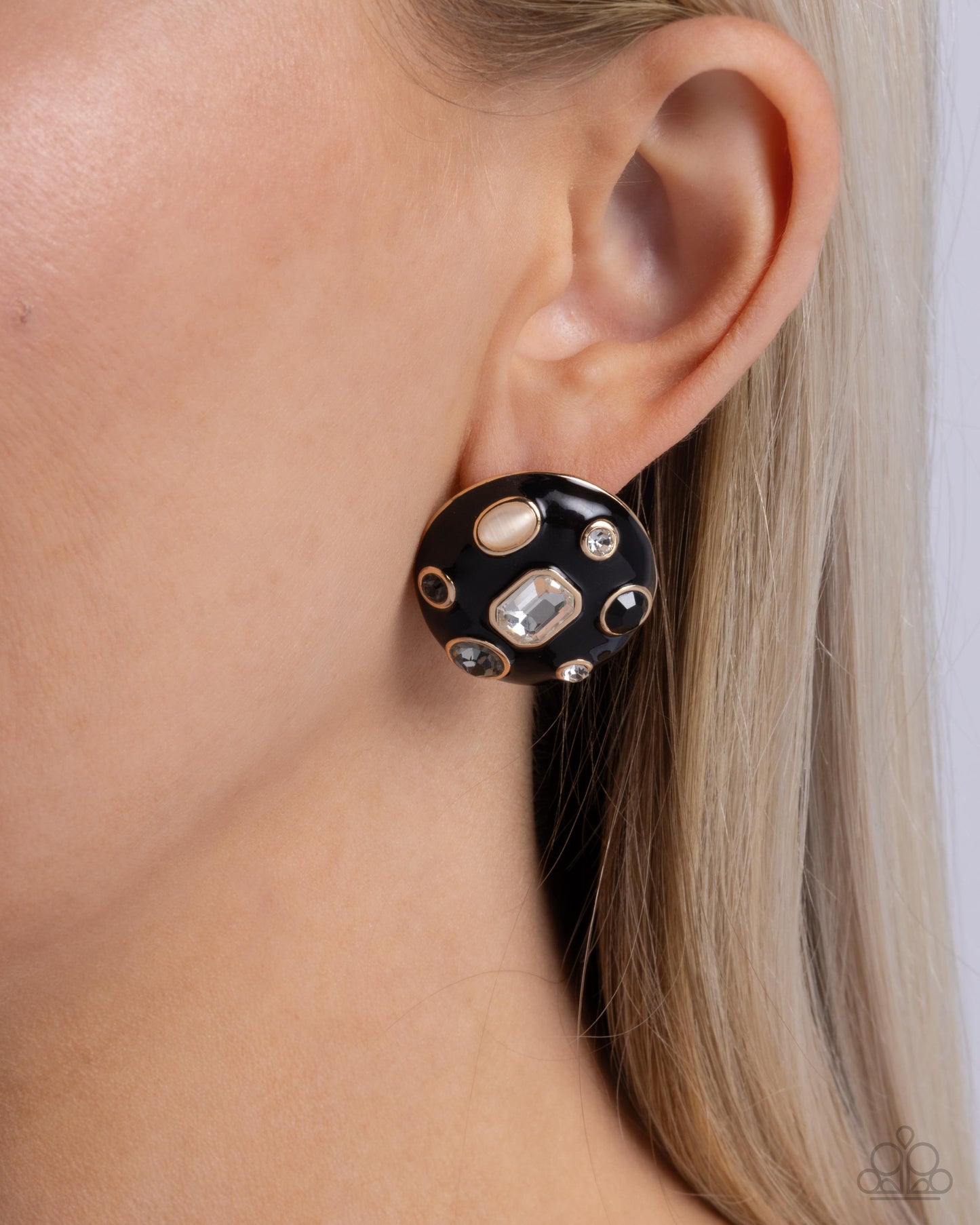 Polished Potential - Black Painted Frame White Rhinestone & champagne Cat's Eye Stone Post Earring Paparazzi E2678
