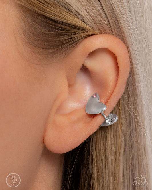 Valentines Vanity - Pink - Light Rose Rhinestone Silver Heart Double Sided Ear Cuff Paparazzi E2746
