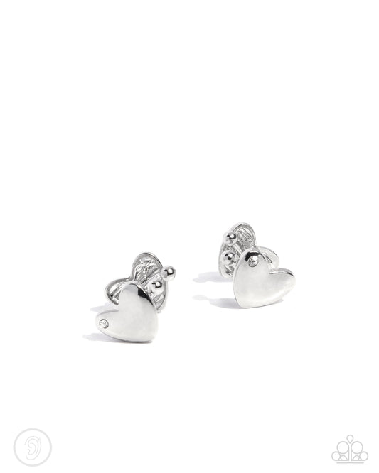 Valentines Vanity - White Rhinestone Silver Heart Ear Cuff Earring Paparazzi E2729