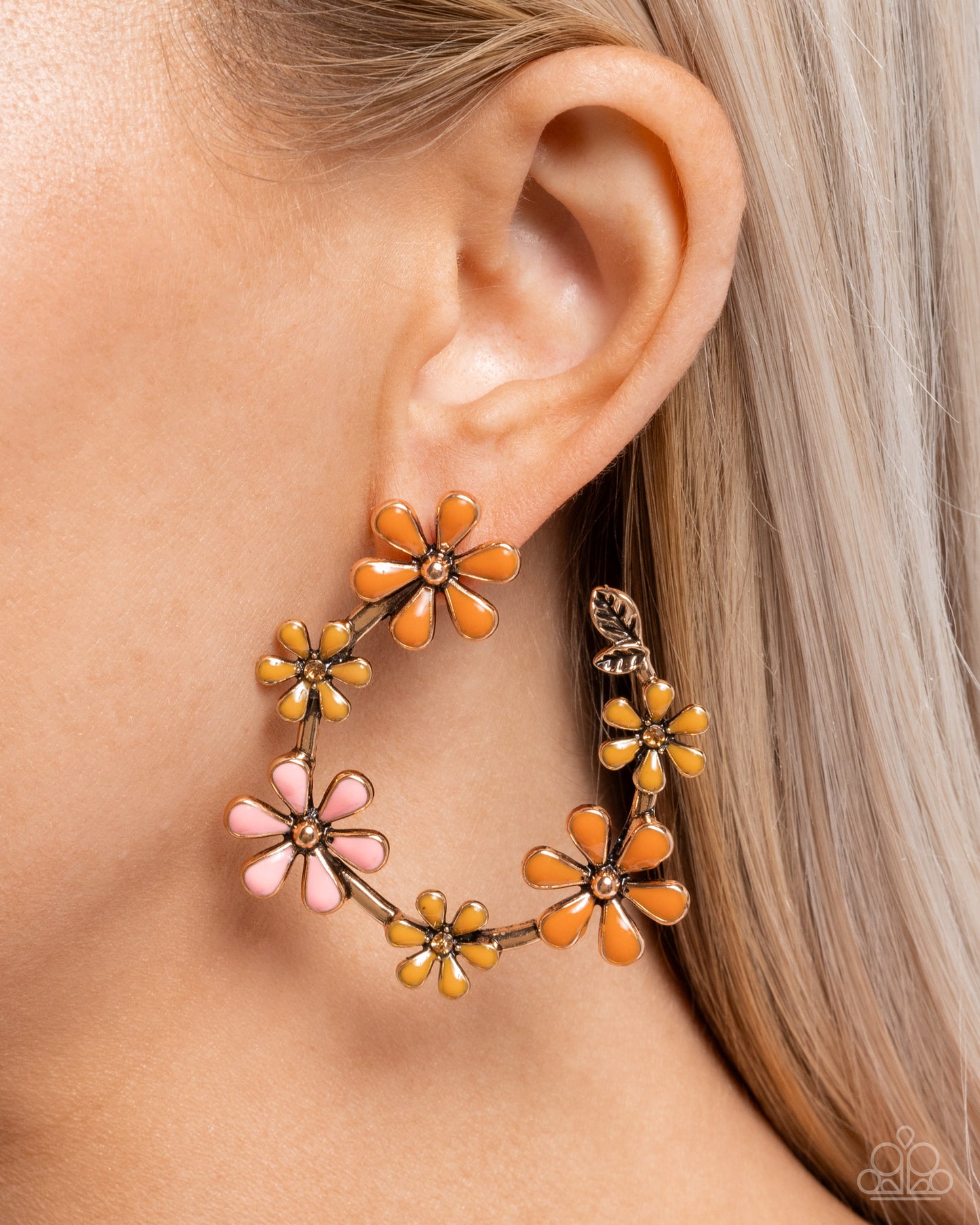 Wreathed Welcome - Gold & Tomato Cream, Saffron & Desert Rose Painted Flower Post Earring Paparazzi E2542