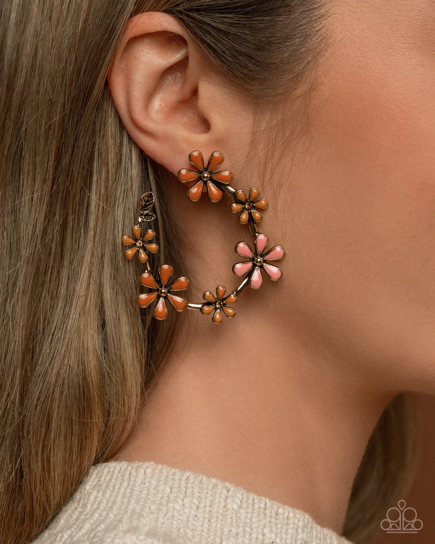 Wreathed Welcome - Gold & Tomato Cream, Saffron & Desert Rose Painted Flower Post Earring Paparazzi E2542