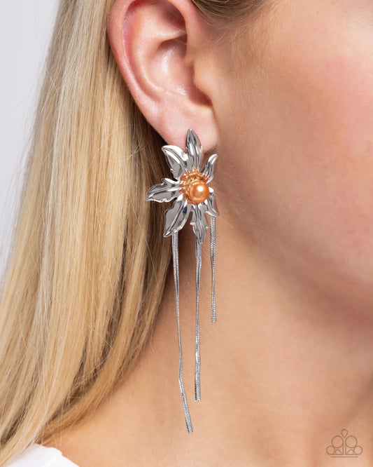 Paparazzi Pearl Panorama - Orange Pearl Silver Floral Post Earrings E2894