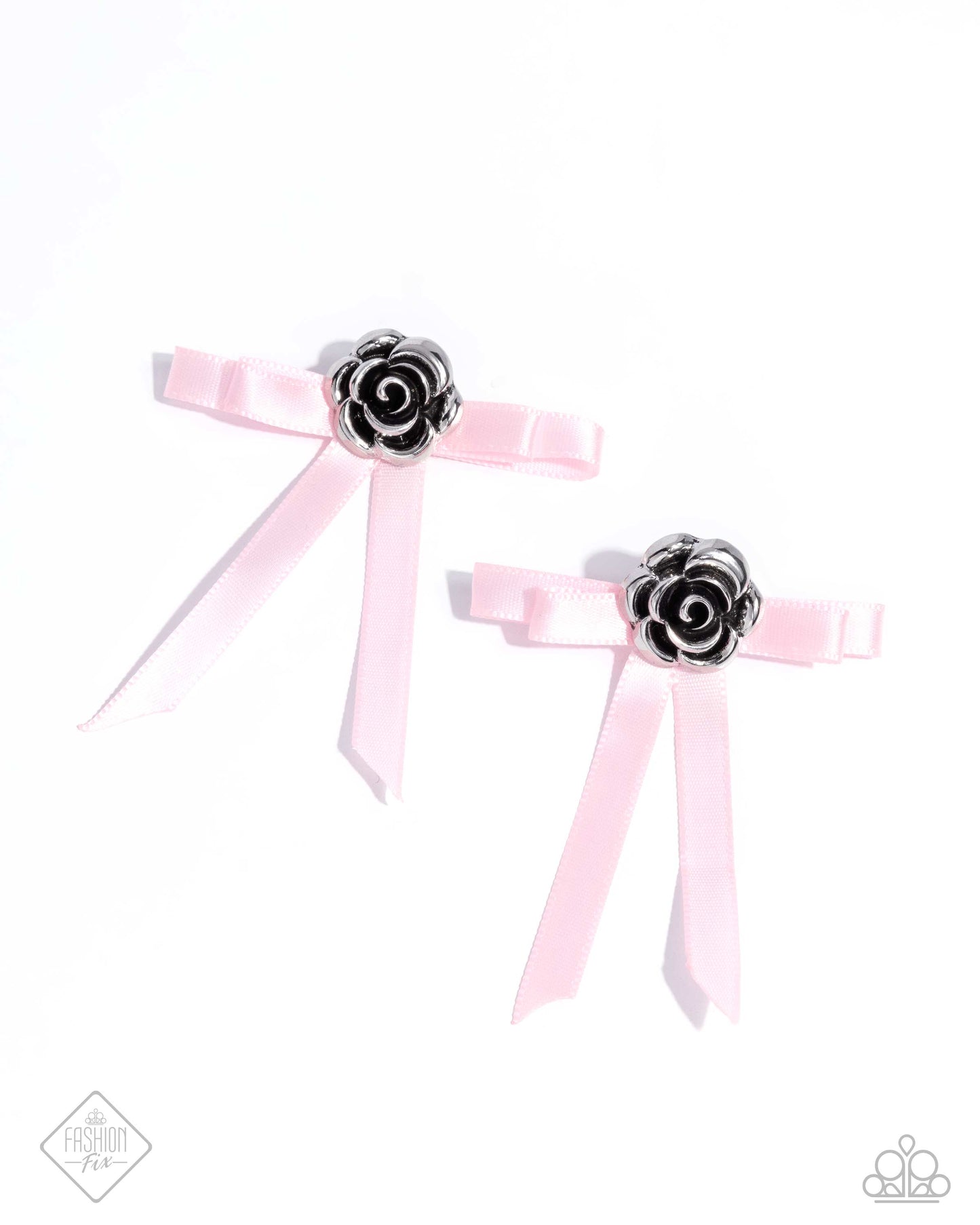 Coquettish Candidate - Pink Ribbon Silver Rosette Earring Glimpses Of Malibu October 2024 Fashion Fix Paparazzi