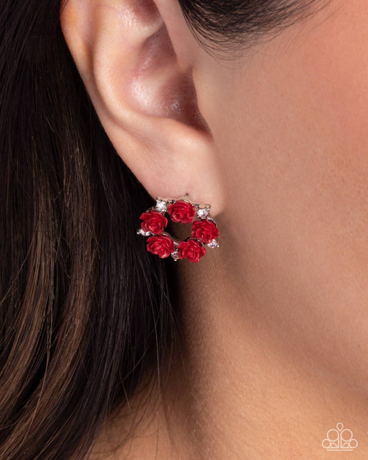 Grace Personified - Red Scarlet Smile Rosette & White Rhinestone Earring Paparazzi E2843