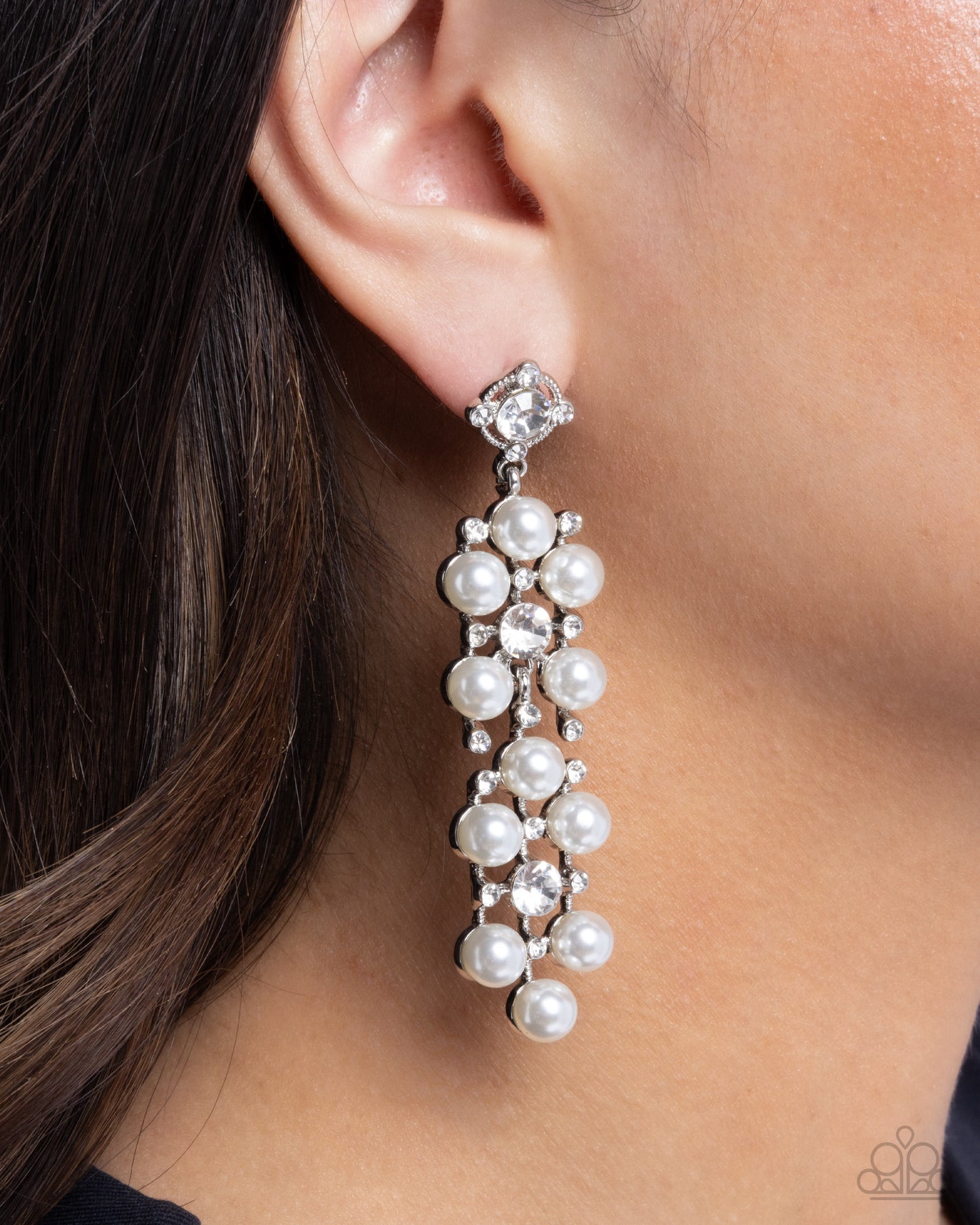 Bewitching Beacon - White Rhinestone & Pearl Bead Earring Post Paparazzi E2973