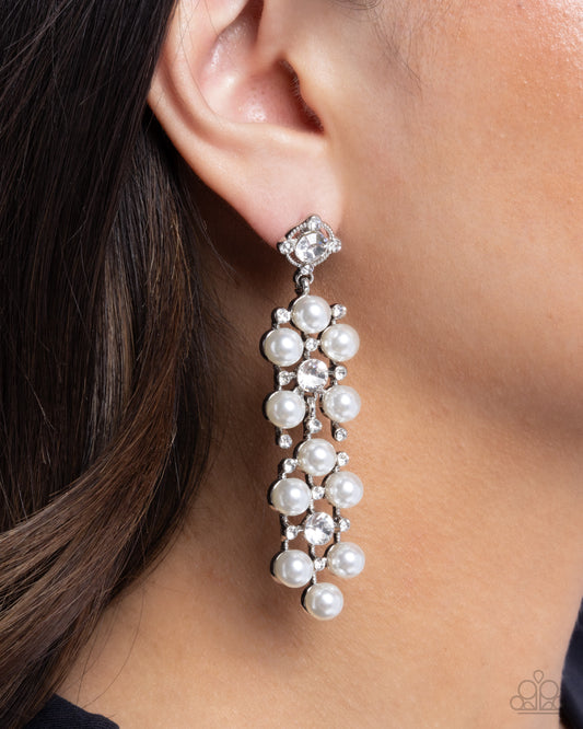 Bewitching Beacon - White Rhinestone & Pearl Bead Earring Post Paparazzi E2973