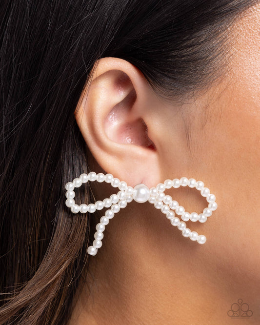 Better Ballerina - White Pearl Bead Bow Post Earring Paparazzi E2169