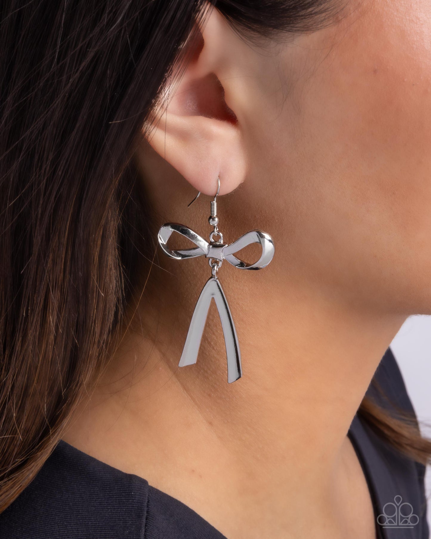 Dapper Delivery - Silver High Sheen Ribbon Style Bow Earring Paparazzi E2531