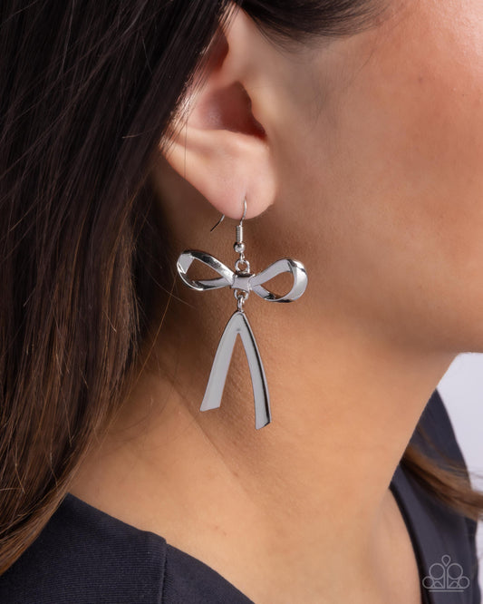 Dapper Delivery - Silver High Sheen Ribbon Style Bow Earring Paparazzi E2531