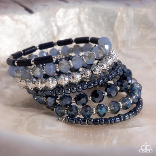 Stacked Surprise - Blue Midnight Sky Seed Bead, Silver & Blue Faceted Bead Coil Bracelet Paparazzi B2234