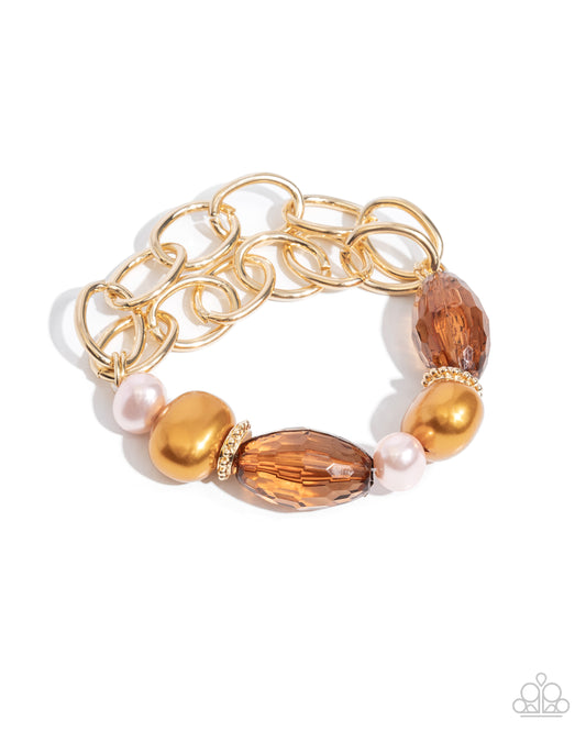 Paparazzi Pearly Passenger - Brown Buckthorn Pearl, Gold Chain Stretch Bracelet