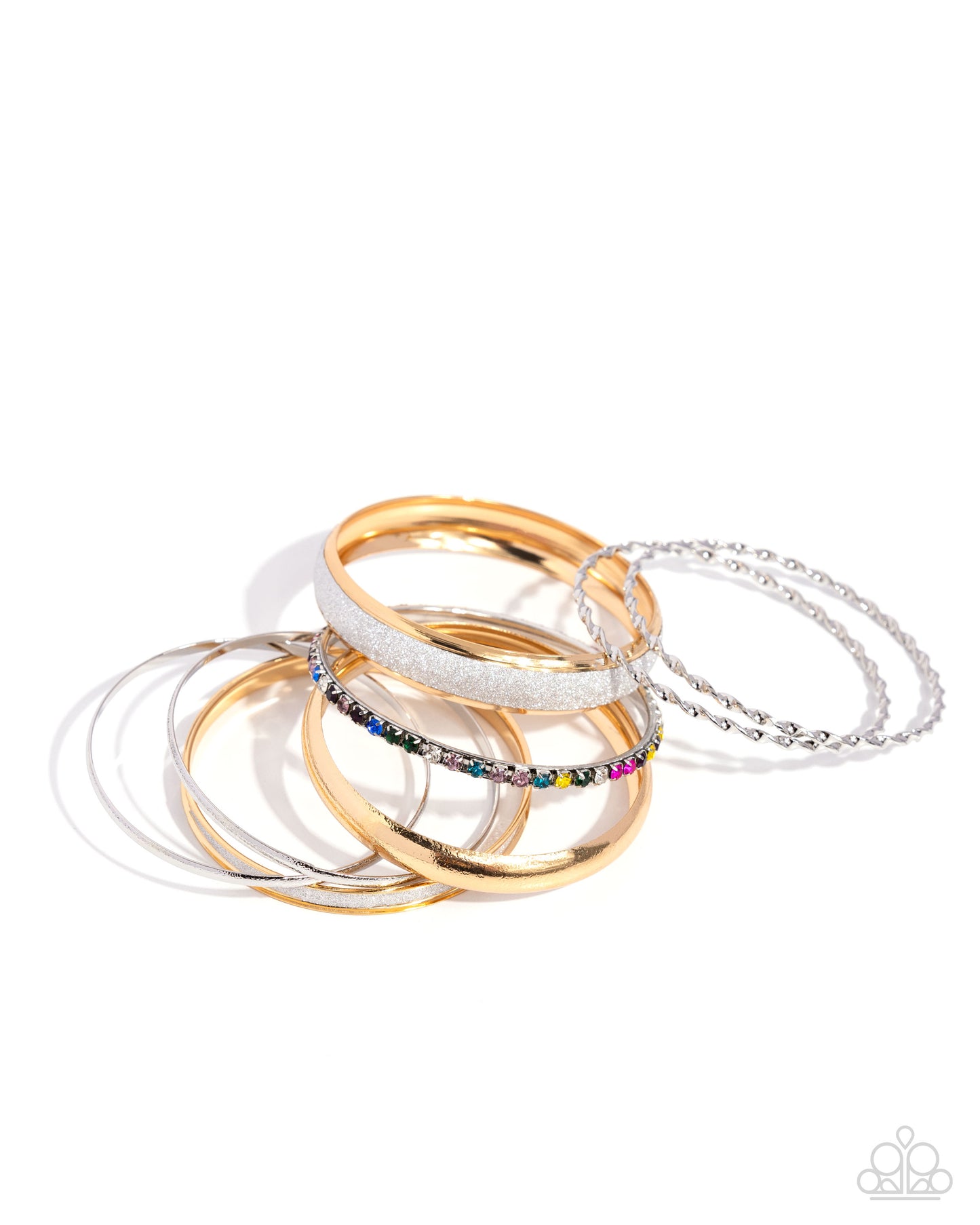 Smoldering Stack - Multi Colored Gem, White, Gold, Silver Bangle Set of Eight Bracelets Paparazzi B1922