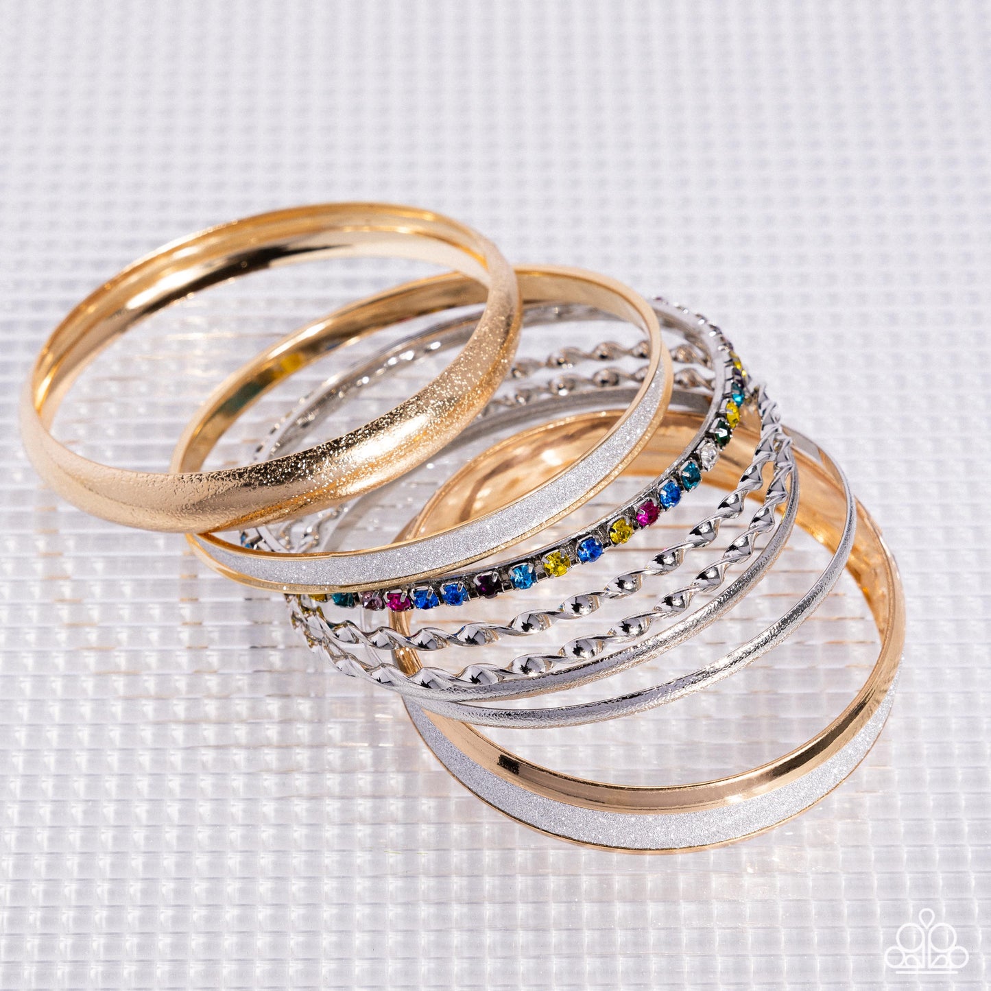 Smoldering Stack - Multi Colored Gem, White, Gold, Silver Bangle Set of Eight Bracelets Paparazzi B1922
