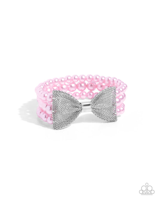 Dapper Dialogue - Pink Pearl & Silver Mesh Bow Stretch Bracelet Paparazzi B2126