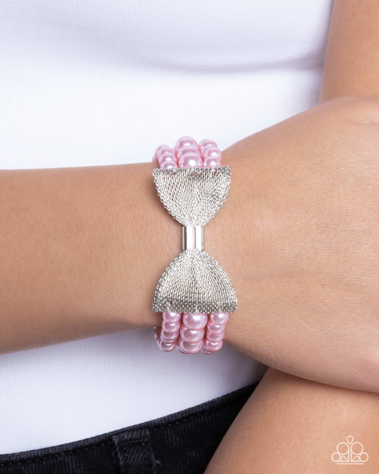 Dapper Dialogue - Pink Pearl & Silver Mesh Bow Stretch Bracelet Paparazzi B2126