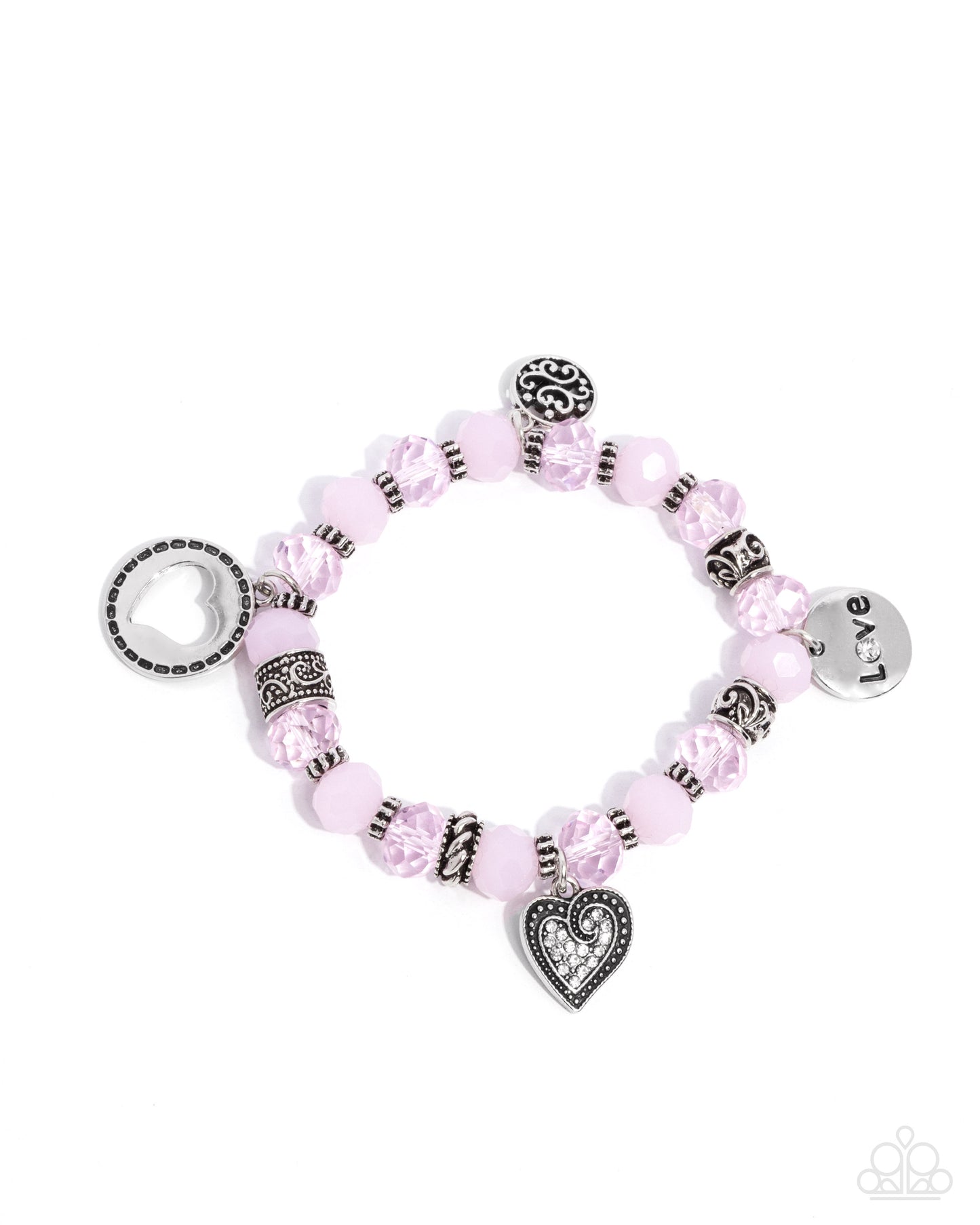 Filigree Finesse - Pink Bead, Silver Heart Inspirational "LOVE" Stretch Bracelet Paparazzi B1743