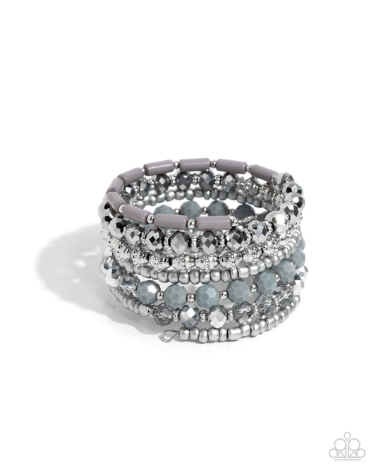 Stacked Surprise - Silver & Gray Bead, Gray Seed Bead, Silver Stud Coil Wrap Style Bracelet Paparazzi B2325