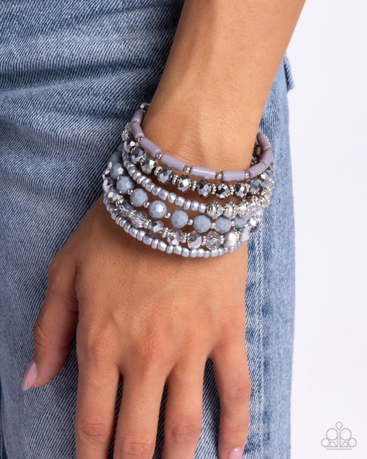 Stacked Surprise - Silver & Gray Bead, Gray Seed Bead, Silver Stud Coil Wrap Style Bracelet Paparazzi B2325