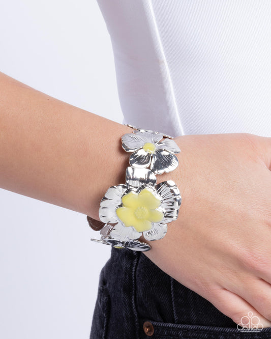 Floral Foundation - Yellow Primrose Floral Silver Cuff Bracelet Paparazzi B2289
