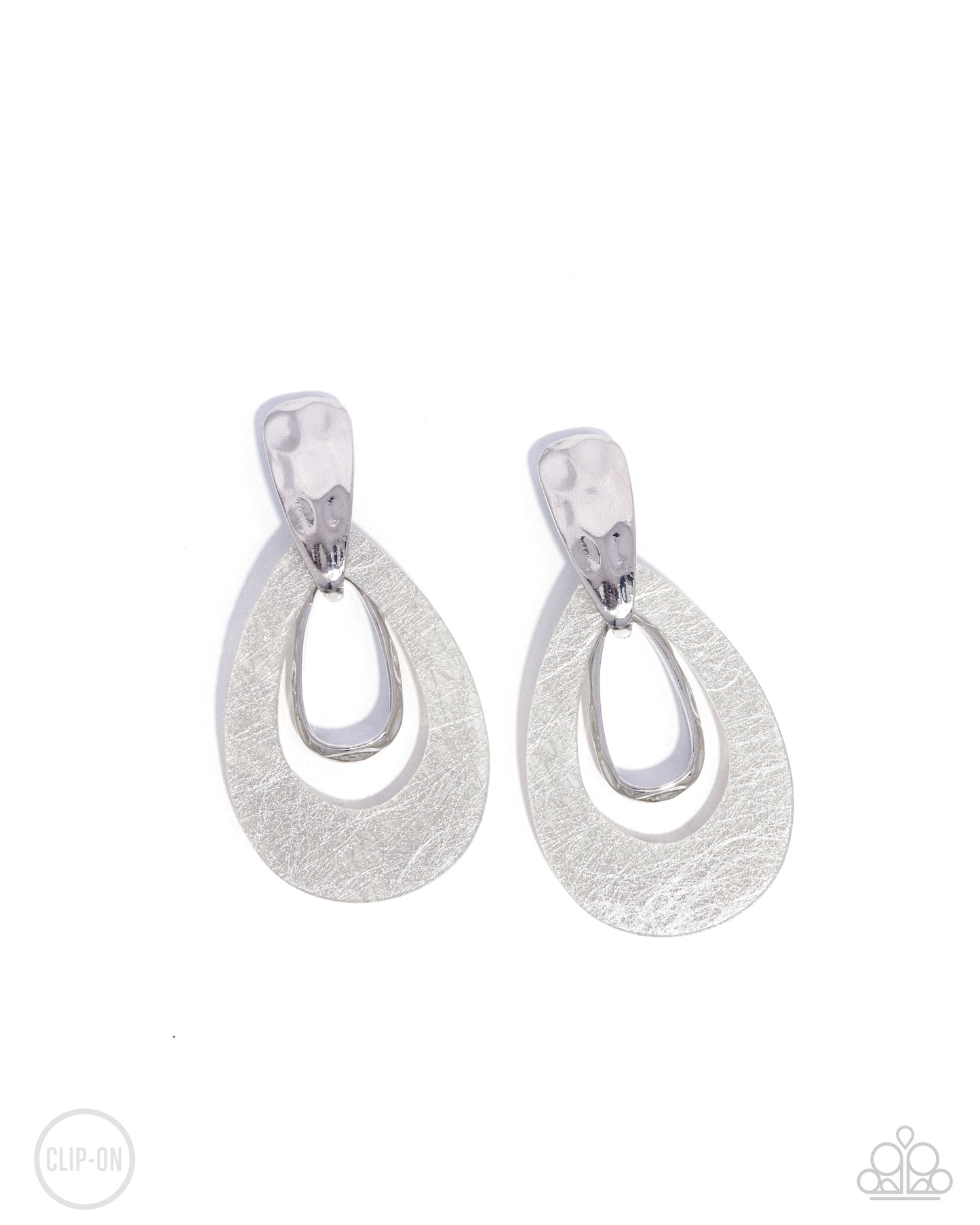 Tattered Teardrop - Silver Hammered White Scratched Acrylic Teardrop Clip On Earring Paparazzi E2185