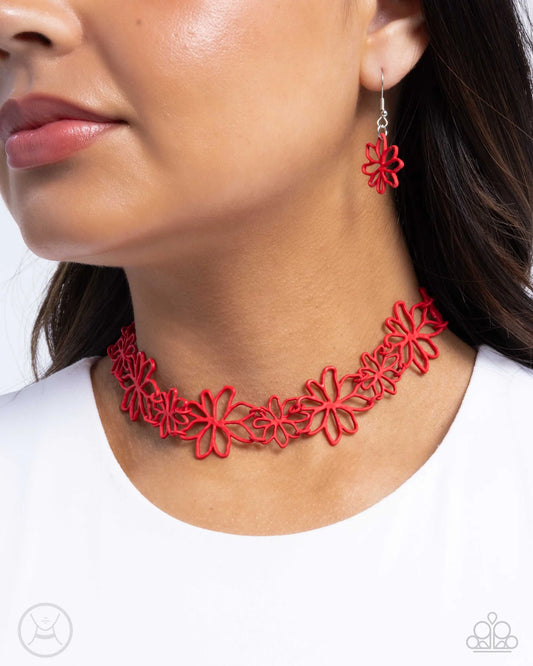 Bouquet Blend Red Flower Choker Necklace Paparazzi N2629