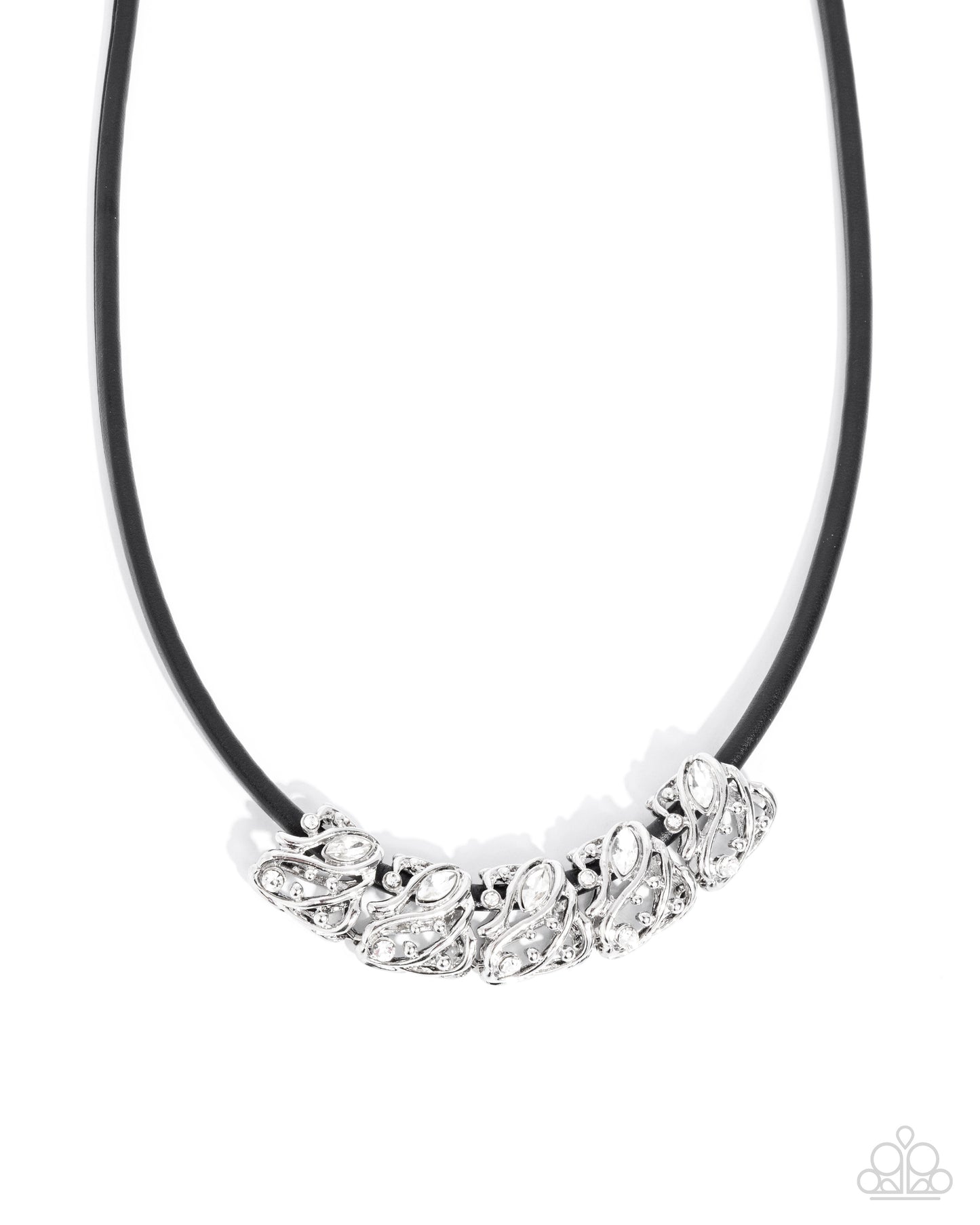 Sprig Shimmer - Black Cord, White Rhinestone & Silver Stud Filigree Necklace Paparazzi