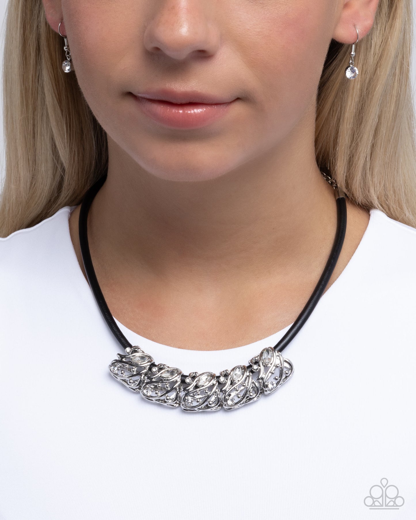 Sprig Shimmer - Black Cord, White Rhinestone & Silver Stud Filigree Necklace Paparazzi