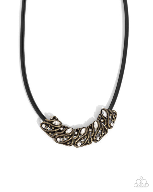 Sprig Shimmer - Brass Studs, White Rhinestone & Gem Filigree Necklace Paparazzi N3213