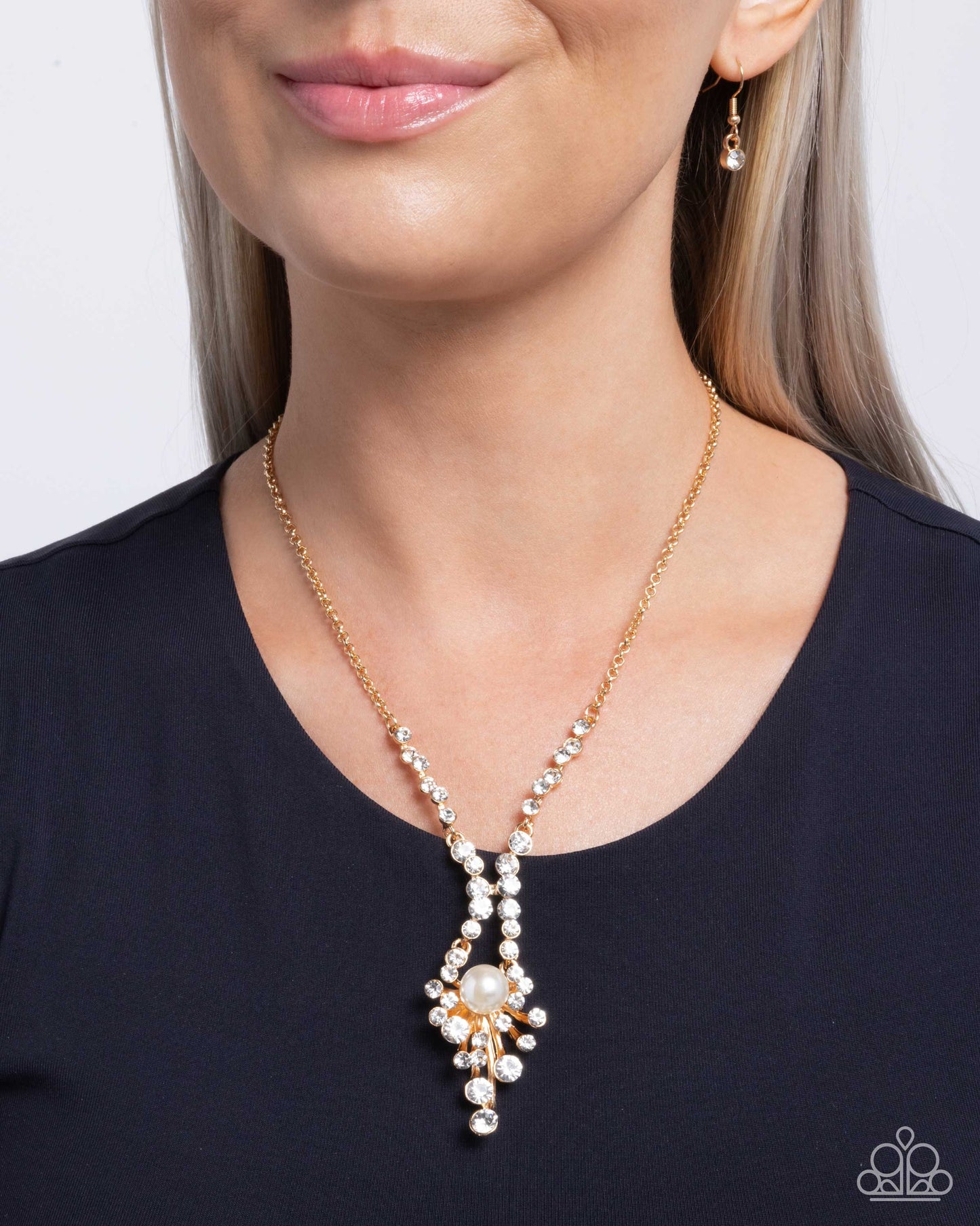Paparazzi Phenomenal Pizzazz - Gold, White Rhinestone & Pearl Bead Necklace N3820