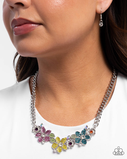 Guiding Garden - Multicolored Yellow, Pink, Blue Flower Silver Necklace Paparazzi N3631