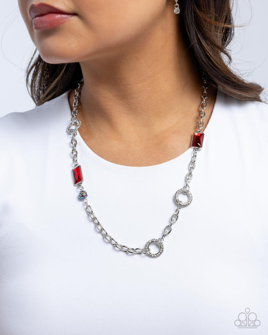 Effulgent Emeralds - Red Gem, White Rhinestone Silver Cable Chain Necklace Paparazzi N3453