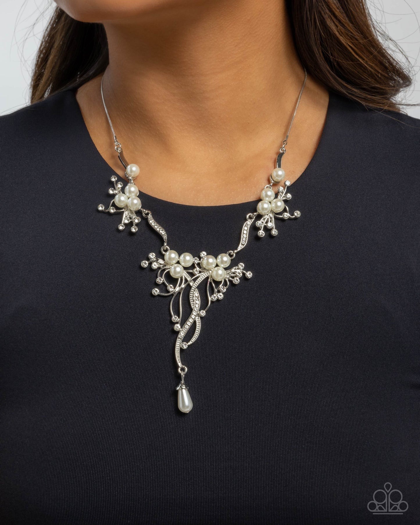 Grapevine Getaway - White Rhinestone & Pearl Floral Necklace Paparazzi N2856
