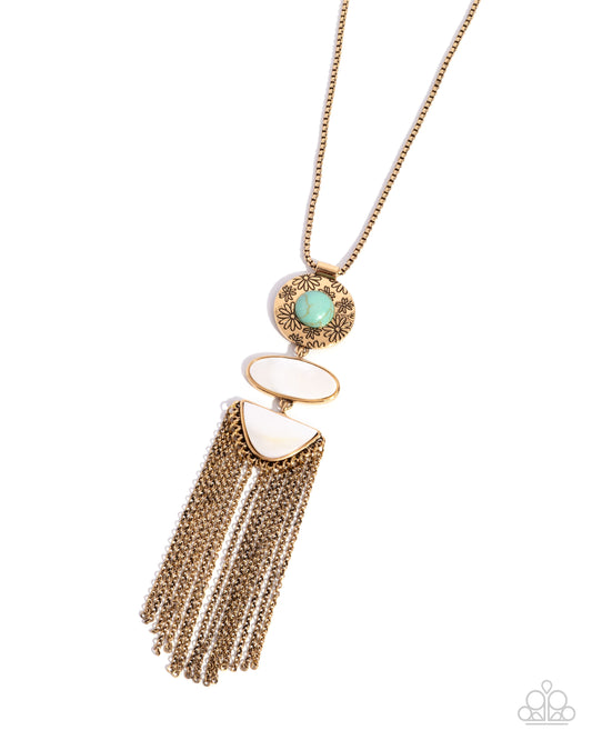 Textured Tourist - Gold, Blue Turquoise Stone, White Shell Tassel Chain Necklace Paparazzi N3108