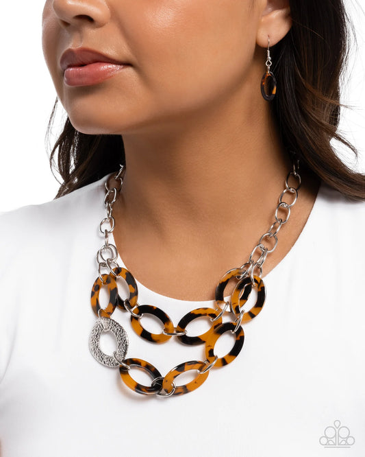 Patterned Presto - Brown Tortoise Shell Acrylic Layered Silver Necklace Paparazzi N3509