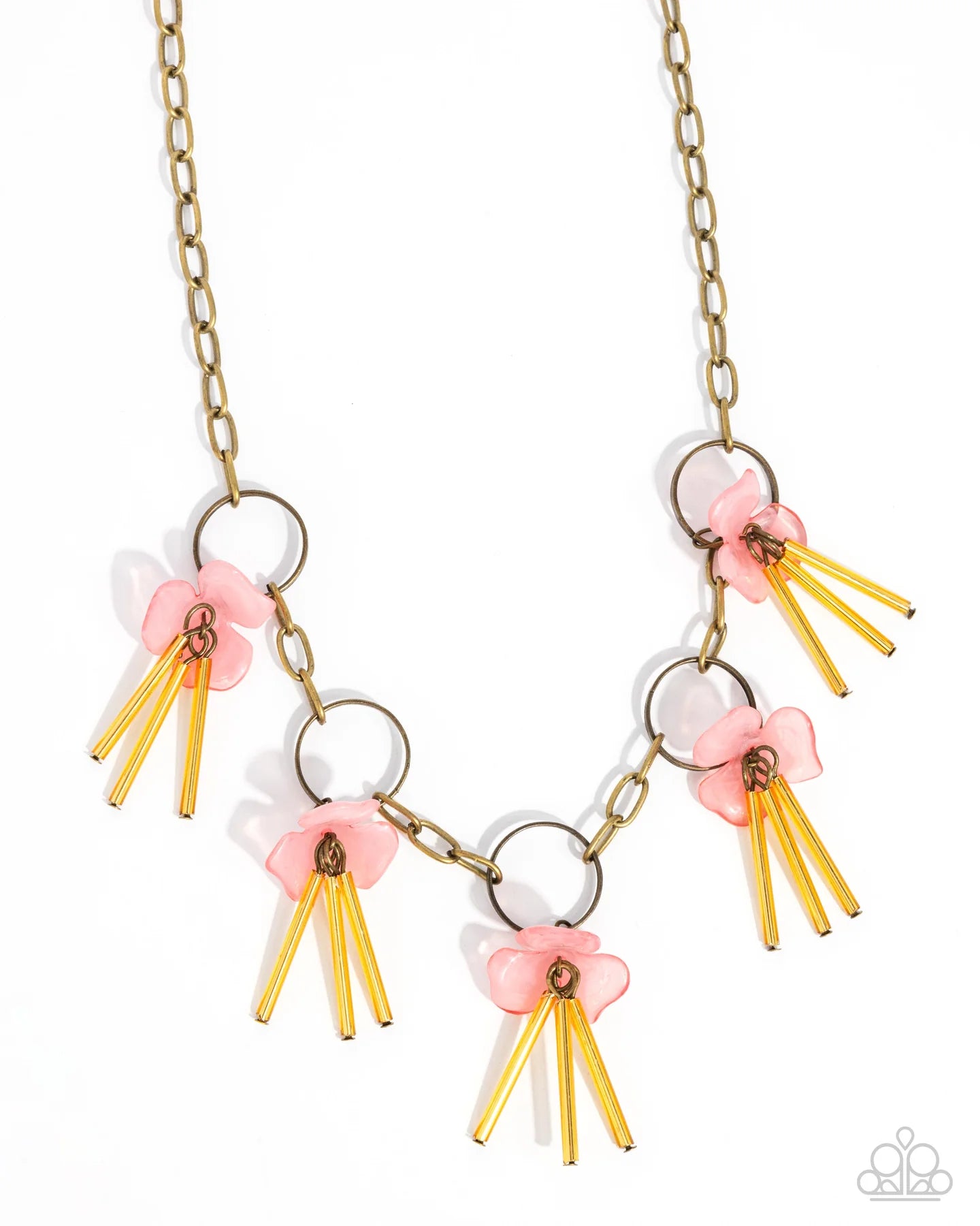Paparazzi LEI of the Land - Brass Pink Flower Gold Bar Short Necklace N3487