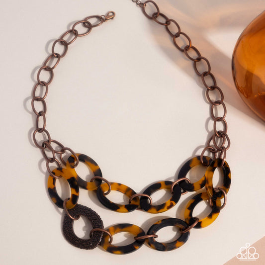 Patterned Presto - Copper Hammered Frame & Brown Tortoiseshell Necklace Paparazzi N3356