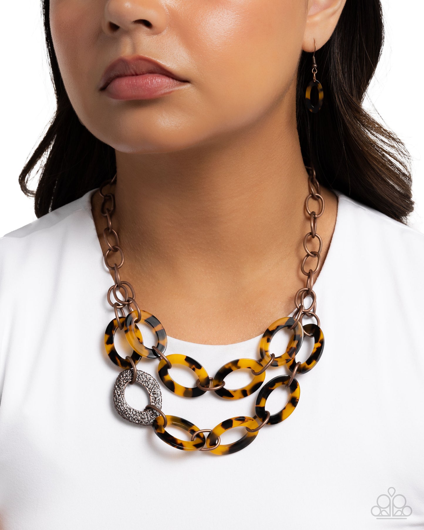 Patterned Presto - Copper Hammered Frame & Brown Tortoiseshell Necklace Paparazzi N3356