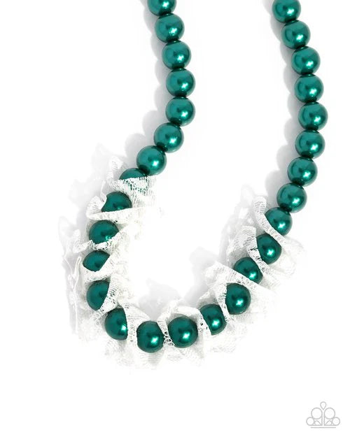 Paparazzi Distinguished Desire - Green Pearl White Ribbon Necklace N2772