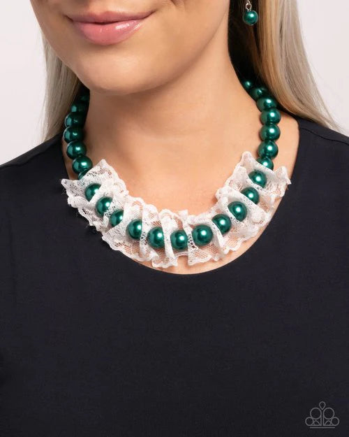 Paparazzi Distinguished Desire - Green Pearl White Ribbon Necklace N2772