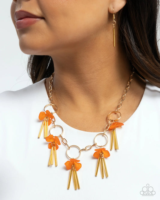 LEI of the Land - Orange Flower Gold Necklace Paparazzi N3656