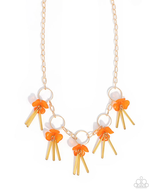 LEI of the Land - Orange Flower Gold Necklace Paparazzi N3656