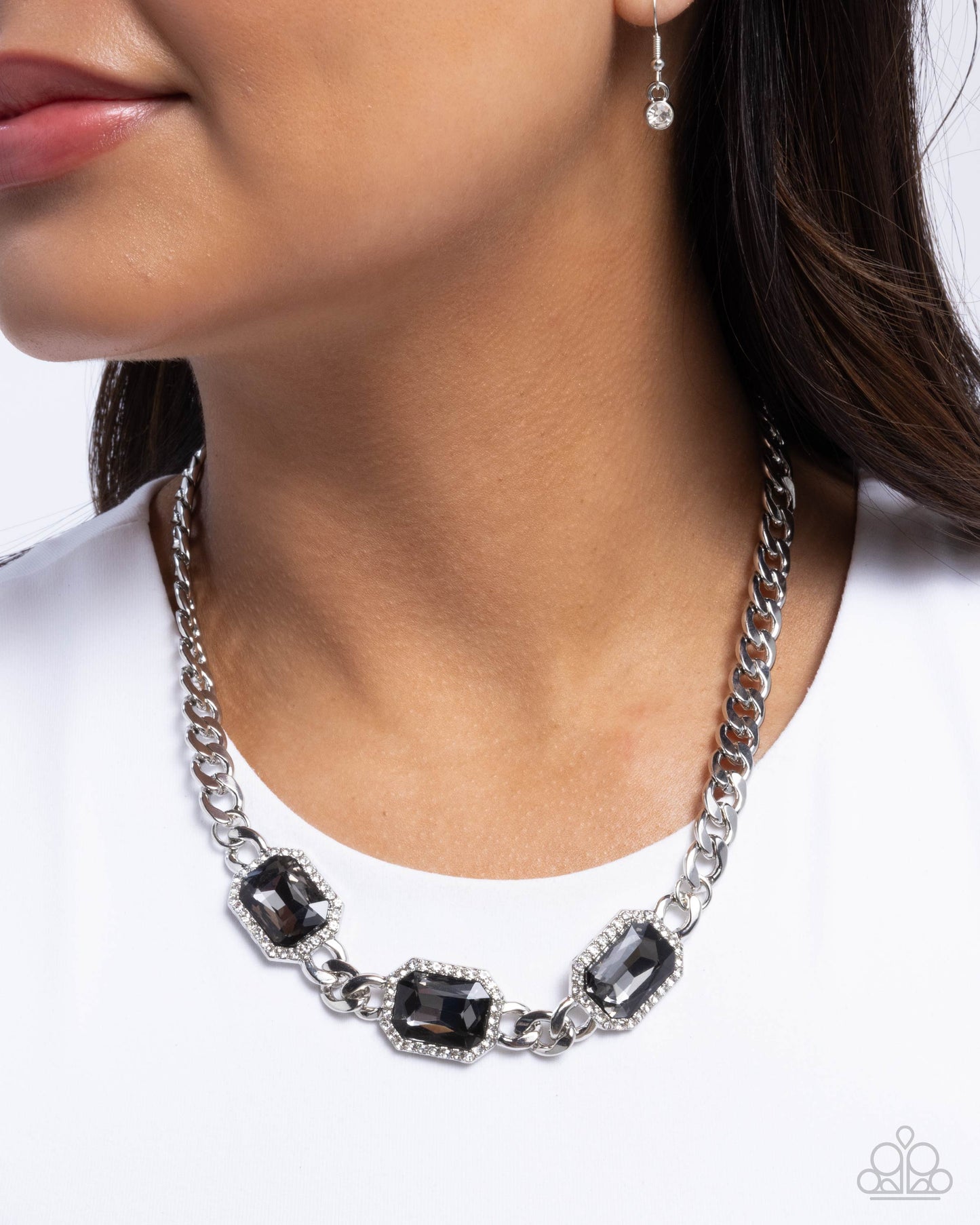 Paparazzi Without Delay - Silver Curb Chain, Smoky Gem & White Rhinestone Necklace N3857