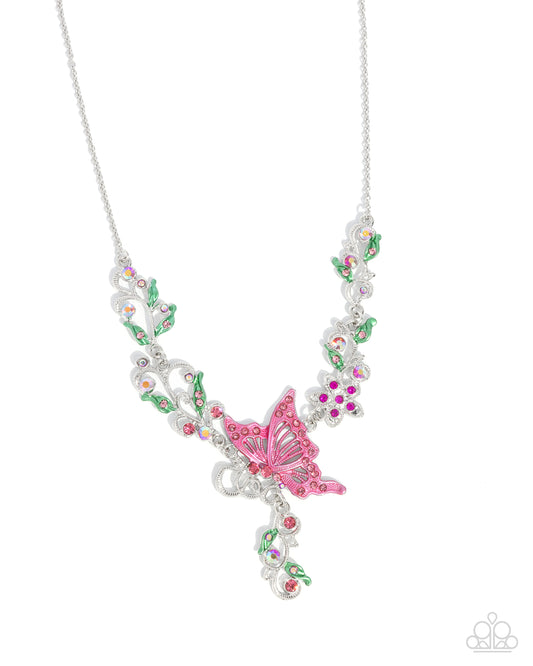 Valuable Vineyard - Pink Butterfly Colorful Iridescent, Pink Rhinestone Floral Necklace Paparazzi