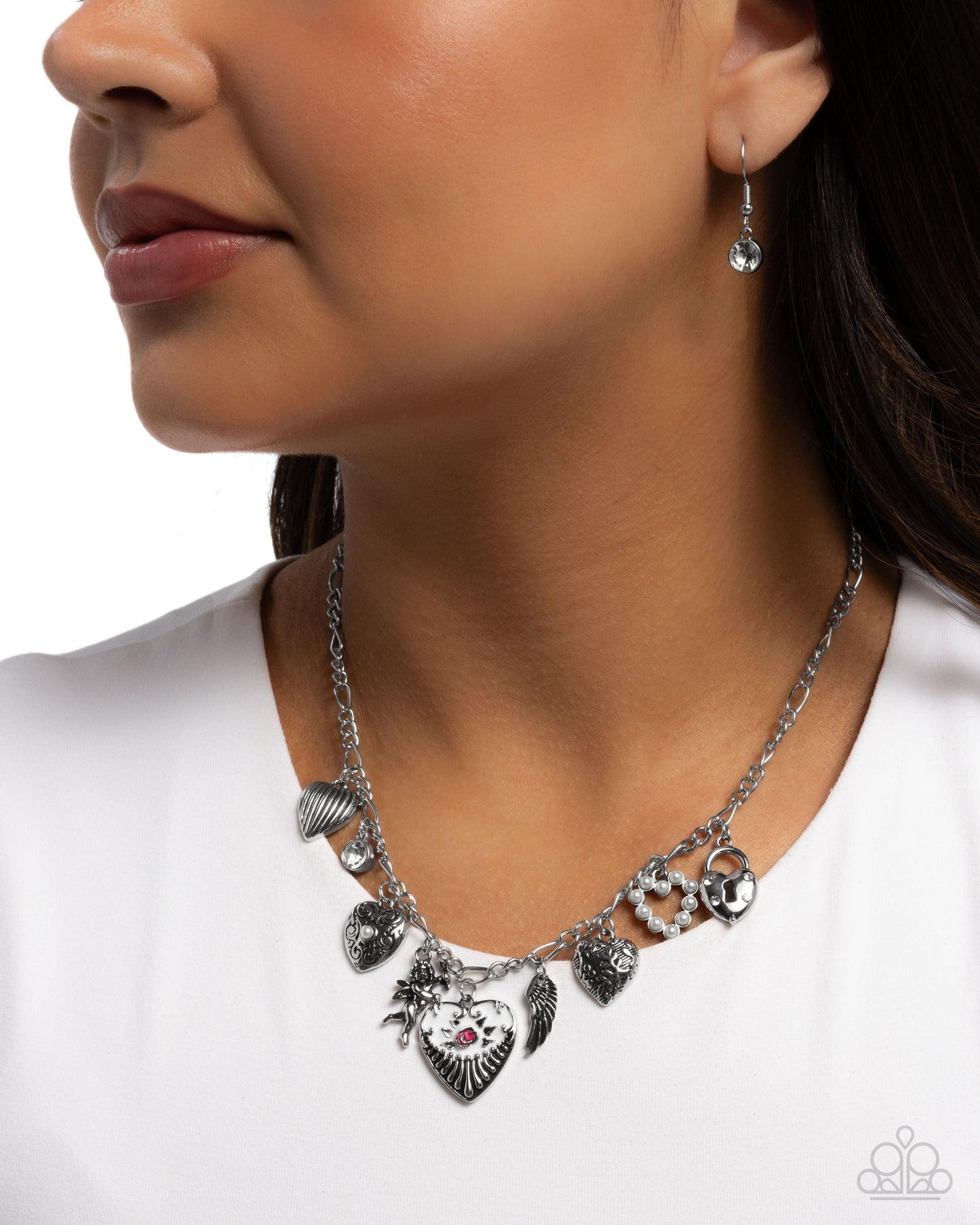 Caring Collection - White Painted & Silver Heart Charm Necklace Paparazzi N1796