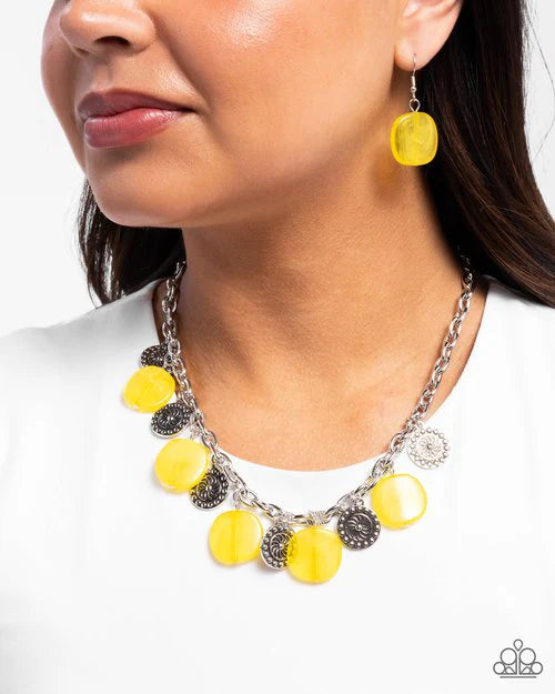 Worthwhile Wheels Yellow Acrylic Disc Silver Necklace Paparazzi N3378
