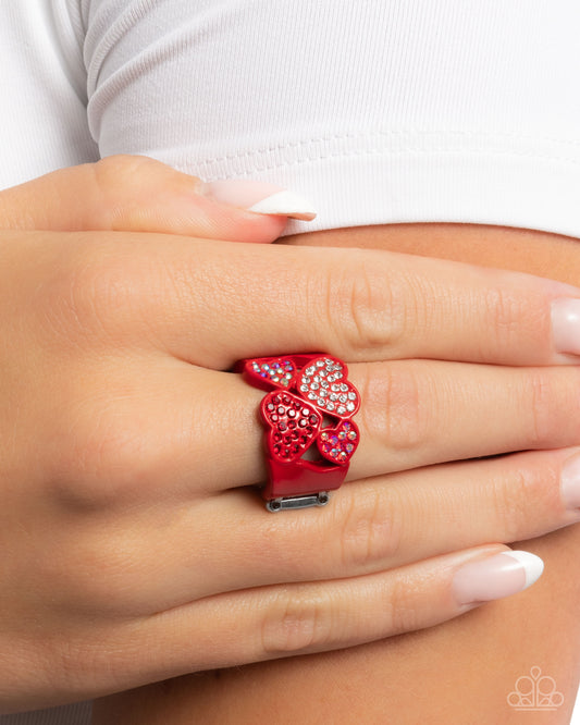 Honorable Hearts - Red, White, Iridescent Heart Ring Paparazzi R0883