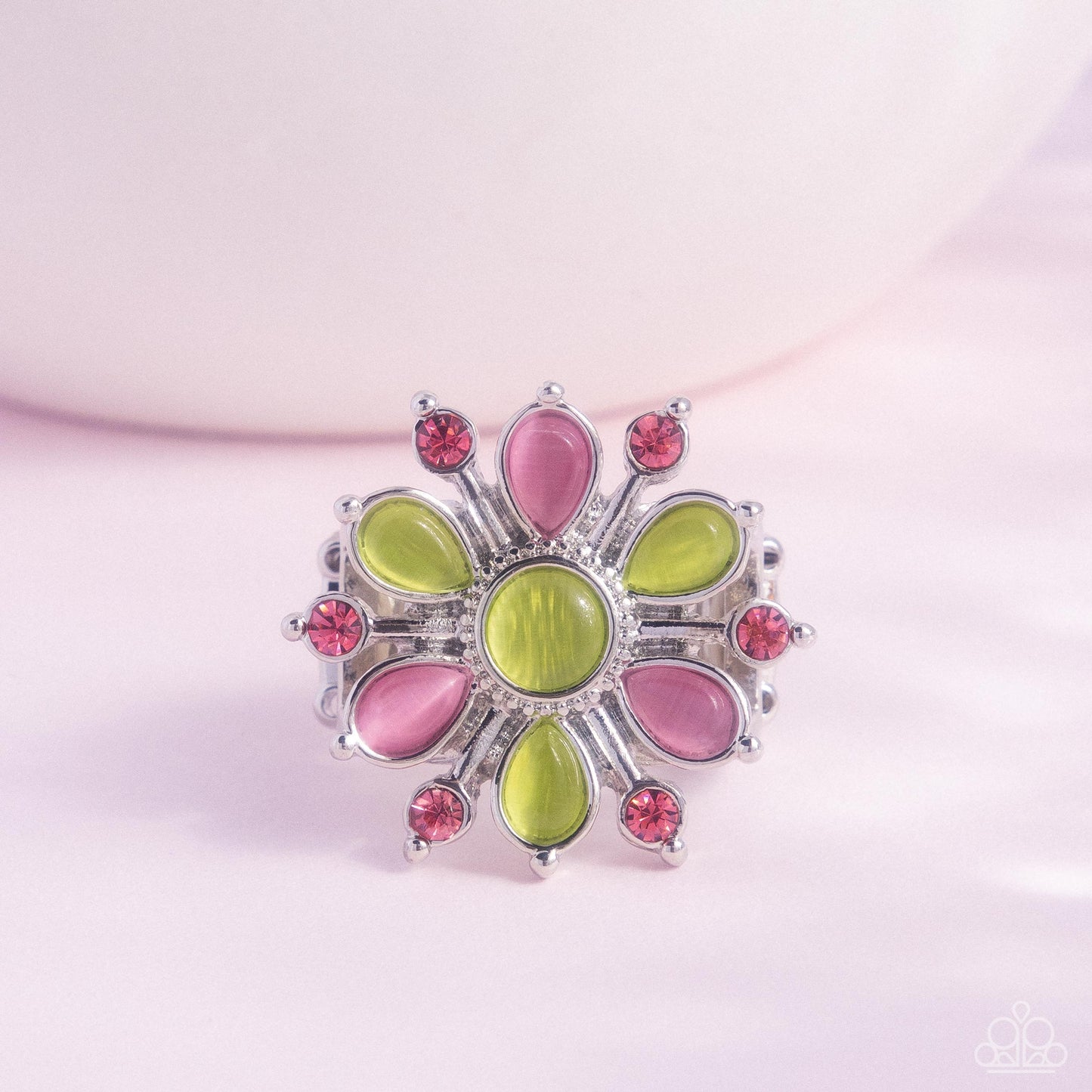 Paparazzi Horticulture Haute - Green & Pink Cat's Eye Stone Floral Ring R1213