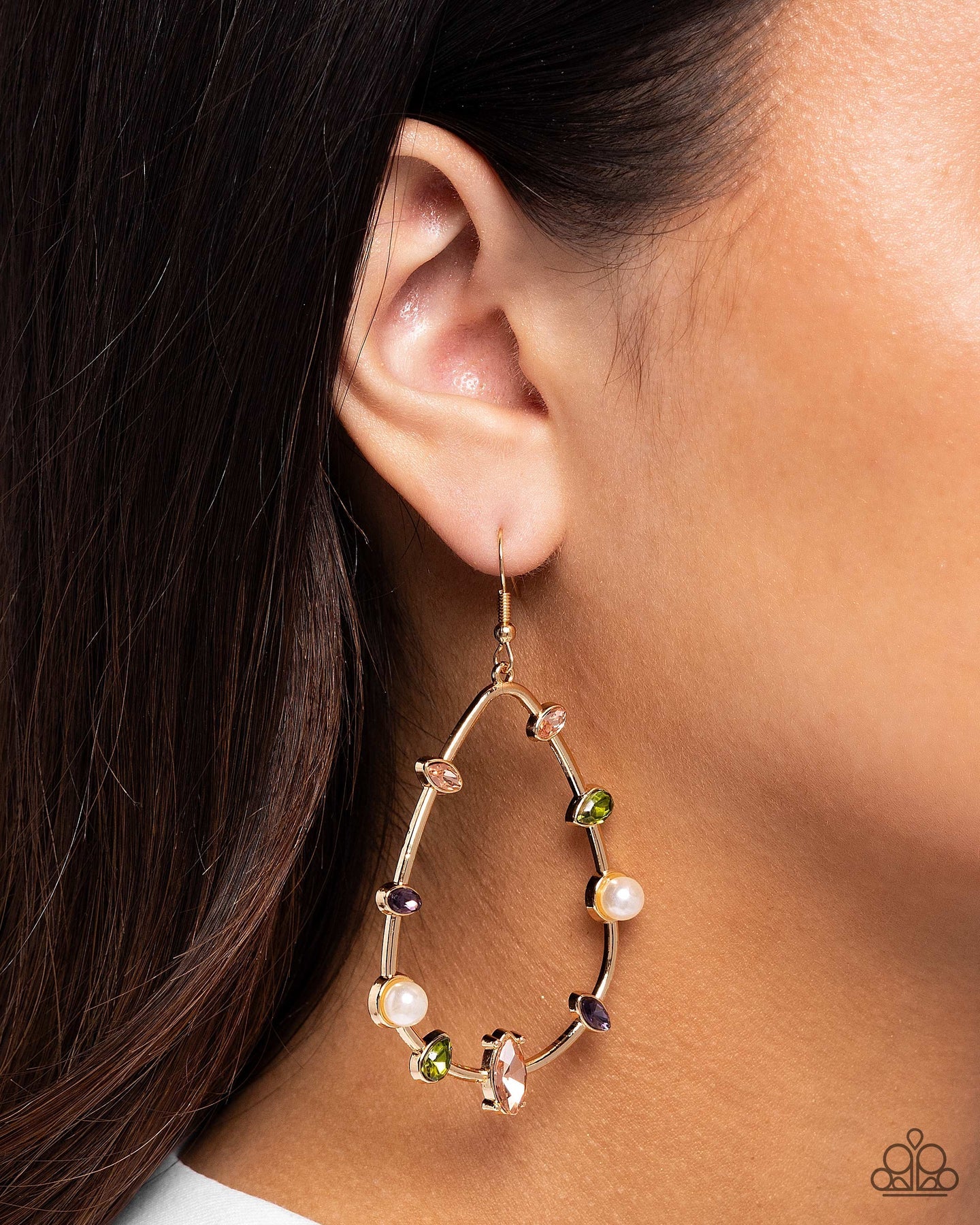 Paparazzi Dazzling Diversity - Gold White Pearl, Multicolored Gem Teardrop Earrings E0925