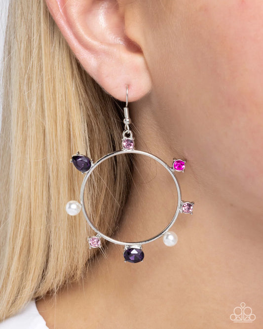 Paparazzi Tailored Treasure - Purple Colorful Rhinestone Silver Circle Earrings E3195