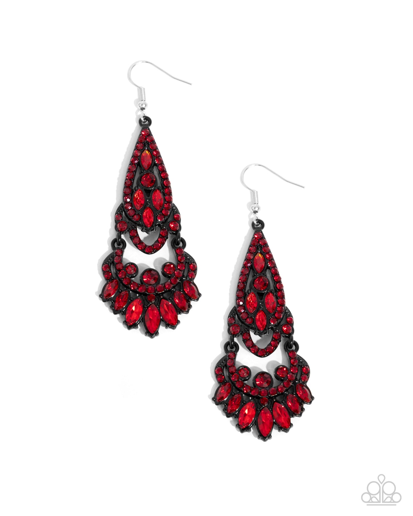 Opera Stage - Red Glassy Gem & Rhinestone Black Frame Fringe Chandelier Earring Paparazzi